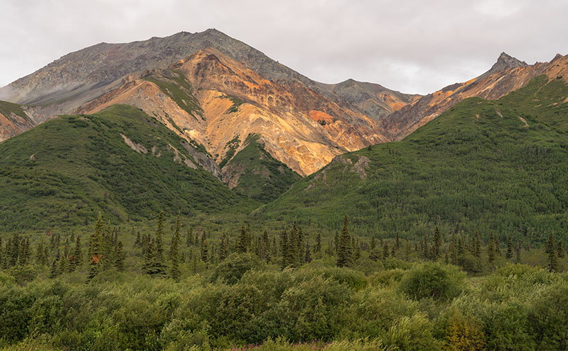 The orange soil uncovered by erosion gives a copper color to a mountain near Glenallen, Alaska.