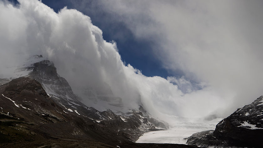 Athabasca Glacier on a snowy day.