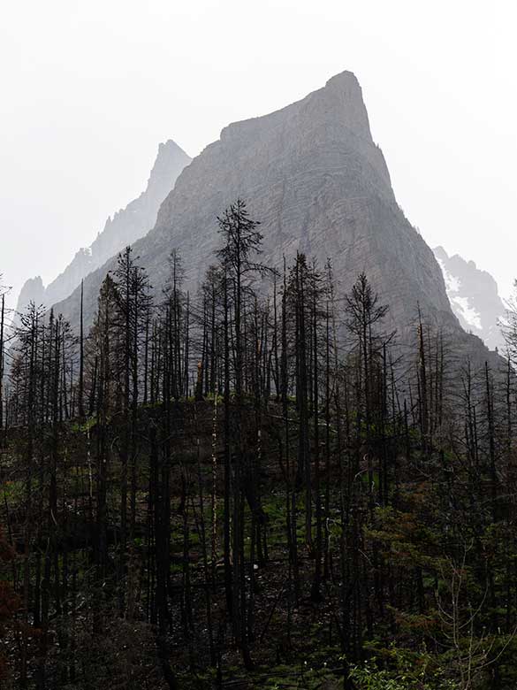 Two mountain peaks in rain clouds