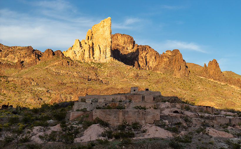 Tom Reed Mine and Elephants Tooth - The concrete foundations are all that remain of the magnificent structures that Ansel Adams photographed.