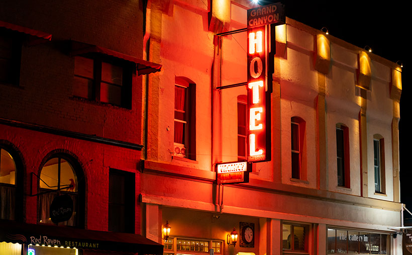 Grand Canyon Hotel - The historic Grand Canyon Hotel's neon sign lights up a couple of blocks in downtown Williams.