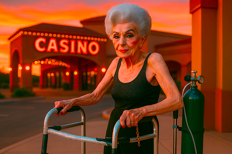 Elderly woman named Natley standing in front of a Laughlin casino with a walker and oxygen tank, dressed in black under a glowing sunset sky