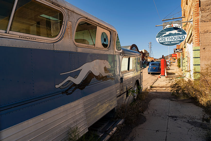 Greyhound - An old Scenicruiser waits for passengers outside of the bus terminal.