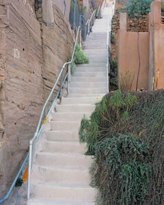 A staircase in Bisbee leading up to an adventure with railings on each side and a rosemary bush in the corner.