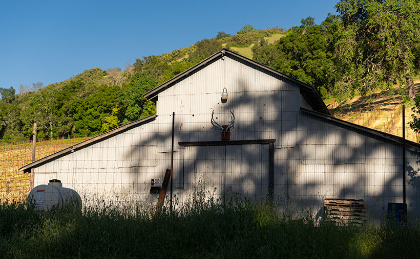 A weathered barn standing in peaceful solitude, basking in the warm evening glow