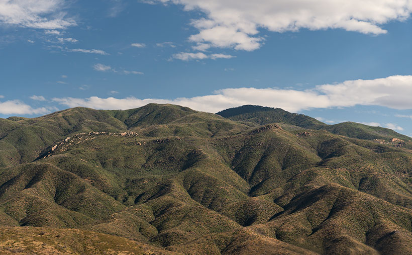 Mount Ord from the west side, showing its majestic peaks and pine-covered heights.