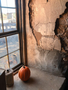 Pumpkin sitting on a window ledge of an old, cracked wall in Vulture City.