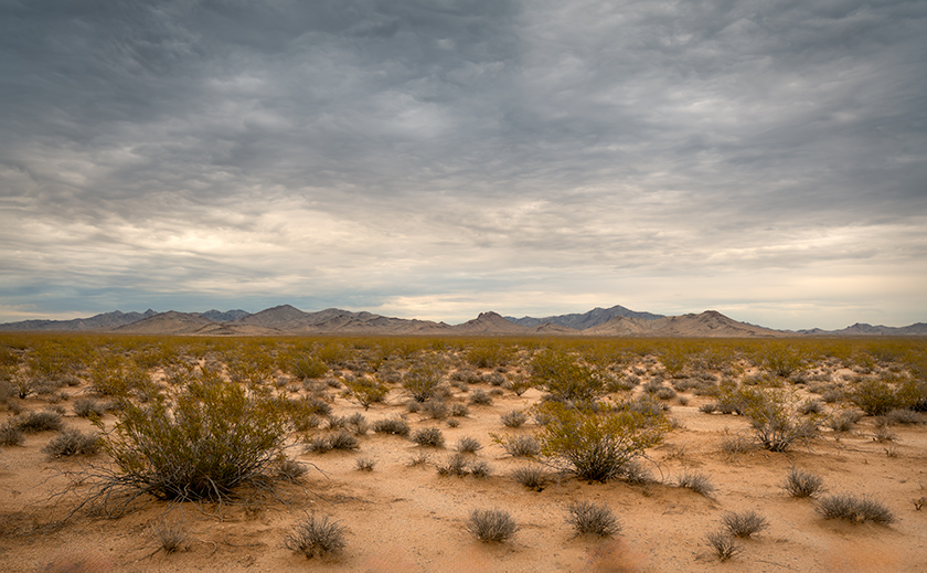Low clouds and mountains after a monsoon in Bigelow Cholla Garden Wilderness, Needles, California