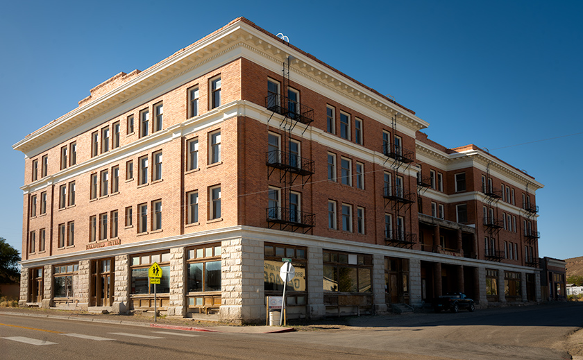 The Goldfield Hotel, a grand historic building in Nevada, said to be haunted and awaiting full restoration.