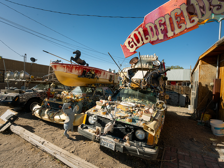 Mad Max-style jalopies decorated as art installations in downtown Goldfield, Nevada
