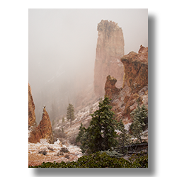 The Hoo Doos of Bryce Canyon are obscured by a late spring snowstorm.