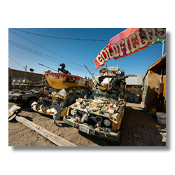 Mad Max-style jalopies decorated as art installations in downtown Goldfield, Nevada