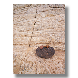 A black round rock resting at the bottom of petrified sand dunes on the Burr Trail in Utah.